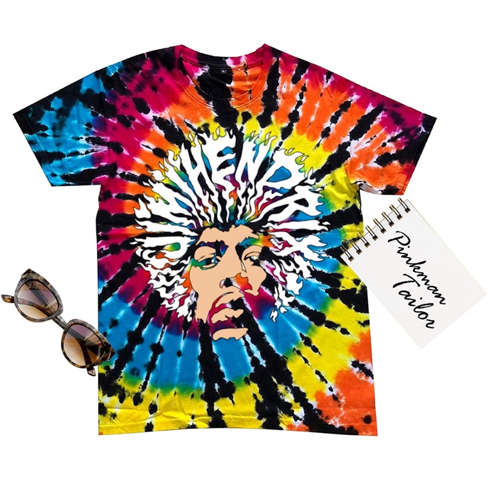 NEW Tie-Dye Jimi Hendrix Colorful Multicolor Unisex Print T-Shirt Top + patch